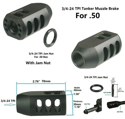 Aluminum 3/4x24 TPI Tanker Muzzle Brake Compensator, .50Beo With 3/4-24 Jam Nut 