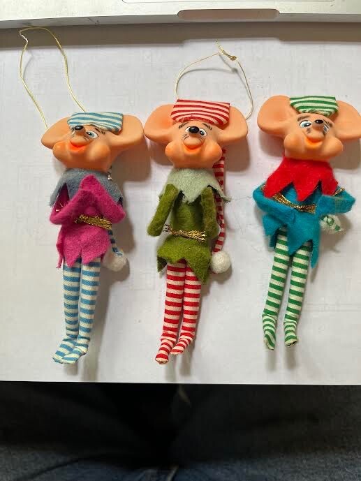 VINTAGE CHRISTMAS ELF MICE PIXIE ORNAMENTS  MADE IN JAPAN SET OF 3 PRISTINE