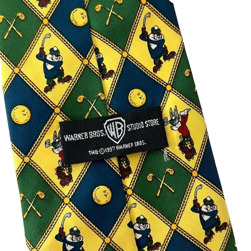 Looney Tunes Golf Necktie 1997 Vintage All Silk Bugs Bunny Tasmanian Devil Taz Foto 3 de 4