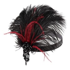 1920s Ostrich Feathers Roaring 20s Great Gatsby Beaded Tassel Headband Cap