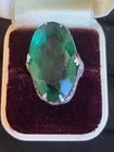 VINTAGE ART DECO STERLING SILVER FILIGREE GREEN GLASS LARGE OVAL STONE