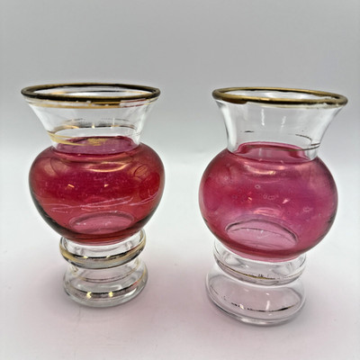 Bud Vase VTG Bartlett Collins Cranberry Glass  4'' Tall Gold Trim Set Of 2 READ