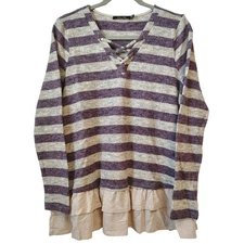 Doe & Rae Long Sleeve Top Women's Size Medium Purple Grey Striped Ruffle Hem