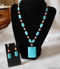 Turquoise Color Bead Necklace Earrings Set 925 Sterling Clasp Boho Western