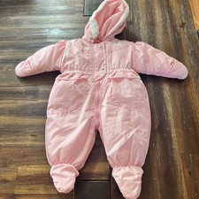 Vintage Baby Oshkosh Pink Snowsuit 6-9 M Hooded POOFY Boots One Piece Bunting
