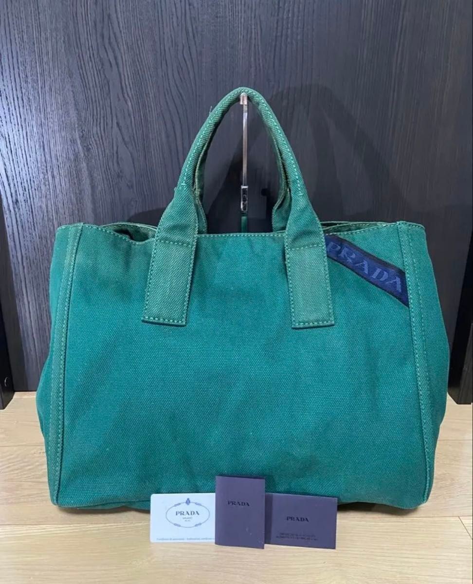RARE PRADA Canvas Tote Bag Green Triangle Logo Plate Spacious Large Capacity
