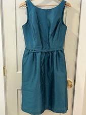 Alfred Sung Dupioni Boatneck Taffeta Cocktail Dress Pockets Belt Niagara Blue 10