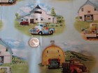 COUNTRY Vintage BARNS OLD PICK UP TRUCKS On BLUE 2000's COTTON Fabric - 1 yd — photo 1