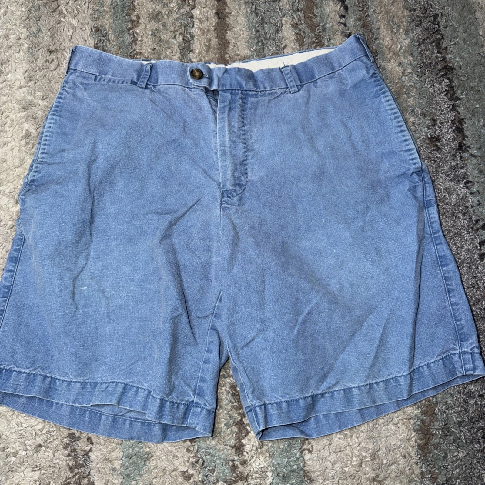 Peter Millar Mens 34 Khaki Blue Cotton Linen Blend Flat Front Shorts