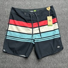 Quiksilver Board Shorts Mid Length Size 34 x 19" Swim Mens Trunks Black Striped