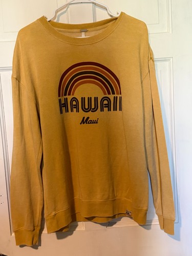 Hawaii Maui Sweatshirt Women Large Yellow Rainbow Long Sleeve Soft Pullover 0022
