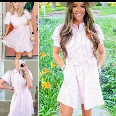 Alexis Linen Blend Pink Striped Button Down Shirt Dress Short Sleeve Casual XL