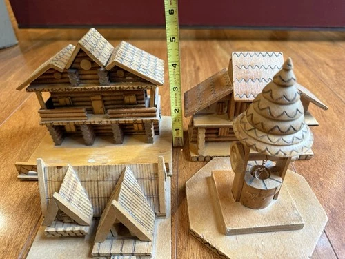 Vintage Miniature Wood Work Carving Toy House Norwegian Cabin Home Lot Hand Made