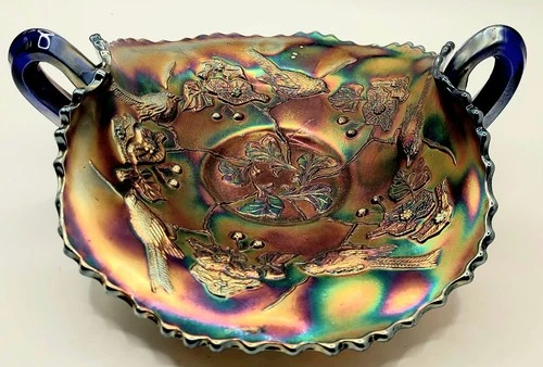 Vintage Fenton Blue Carnival Glass Bon Bon Dish "Birds & Cherries"