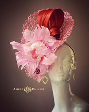 Kentucky Derby Fascinator Bridal Hat Red Pink Floral Feather Hat Royal Ascot Hat