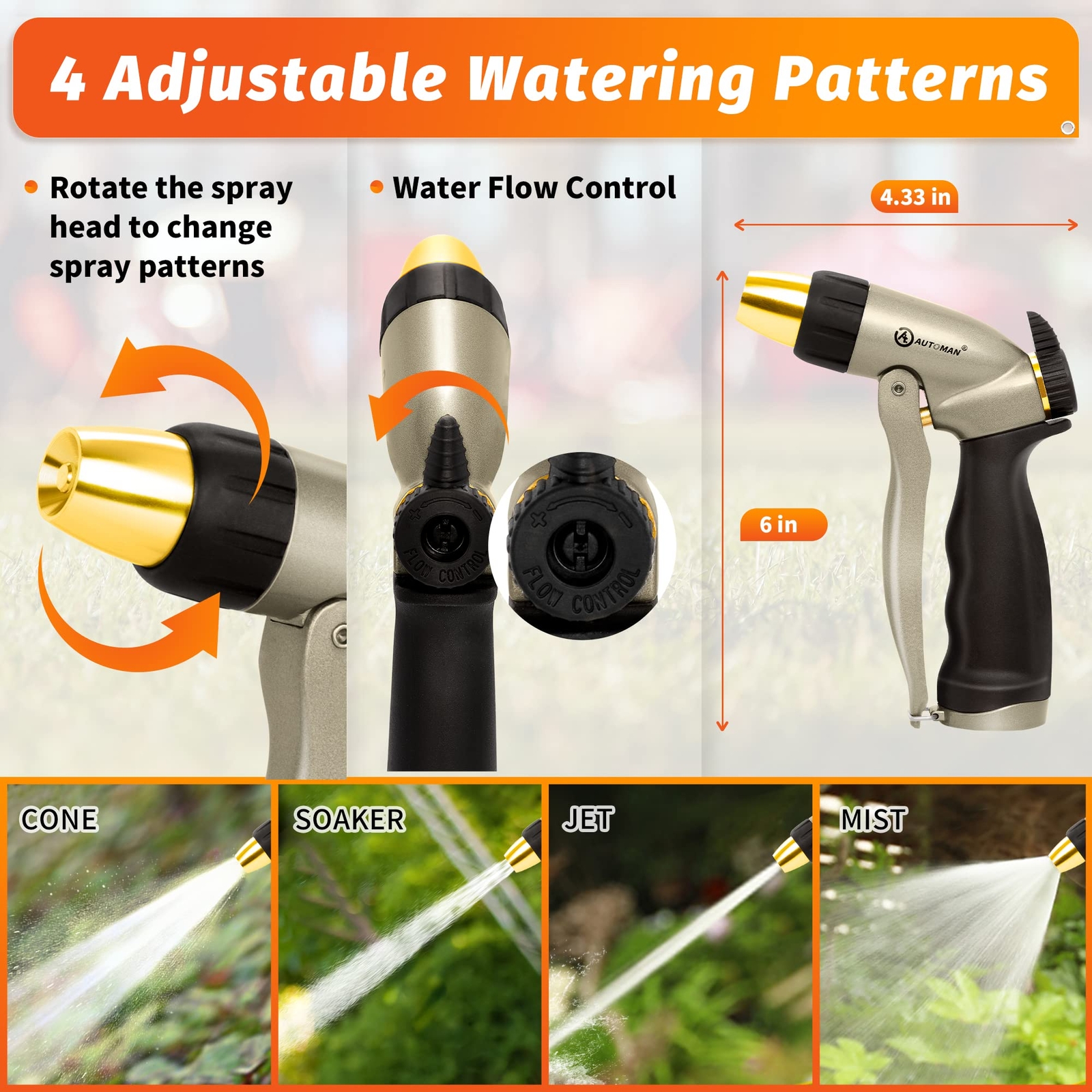 Garden Hose Nozzle 100%Metal High Pressure Spray Nozzle,Adjustable Spray Pattern