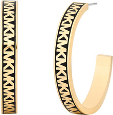 NEW MICHAEL KORS GOLD TONE,BLACK ENAMEL MK LOGO LARGE HOOP EARRINGS