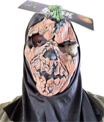 Adult Evil Scary Pumpkin Head w/ Stem Face Mask Hooded Shroud Halloween Costume