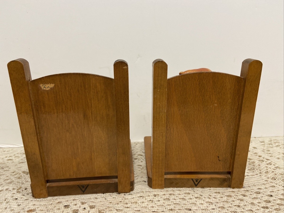Pair Goebel MJ Hummel Wooden Gate Bookends-Goose Girl & Farm Boy W