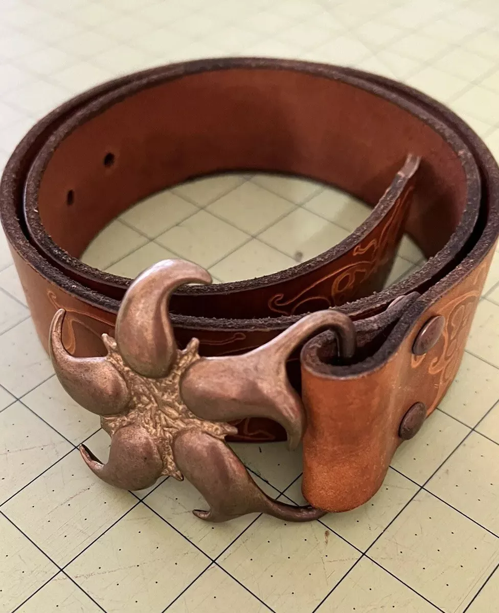 Vintage Butterfly Tooled Leather Belt Floral Brass Buckle 60s~70s~Hippie Boho