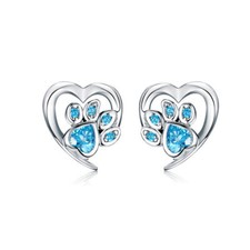 Blue Crystal Paw Stud Earrings for Girl Heart Shape CZ Footprint Ear Studs Jewel