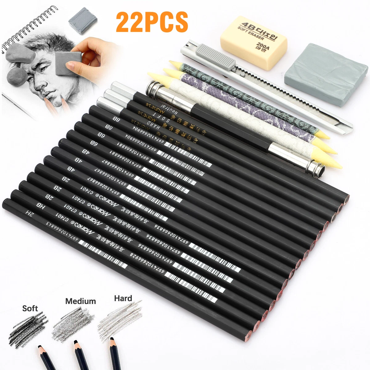 Artistic drawing and sketching tools: graphite pencil, crayons