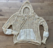 POL Open Knit Hooded Sweater Med Yellow Crochet Sleeve Tassels Pouch Boho