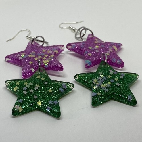 Large double Star earrings , Glitter and Resin Kitsch Fun 10 cm Long Amelia - Picture 39 of 49