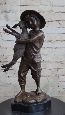 Little Boy in Hat Holding Lamb Sheep Bronze Statue Sculpture ...