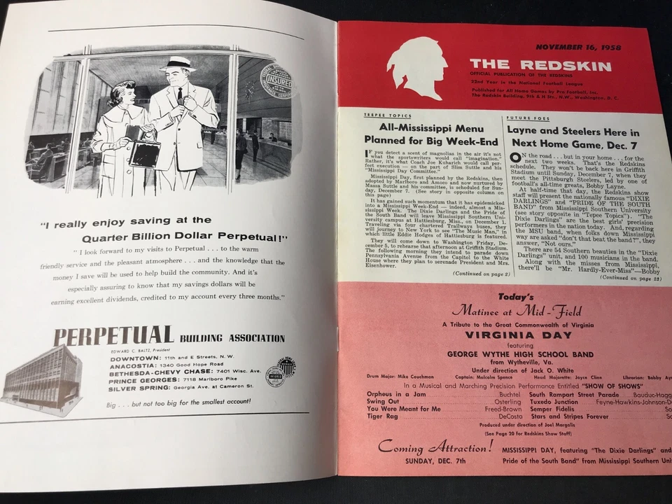 16 de noviembre 1958 Washington Redskins Vs Cleveland Browns Programa Jim Brown ¡2 TD's! Foto 2 de 4