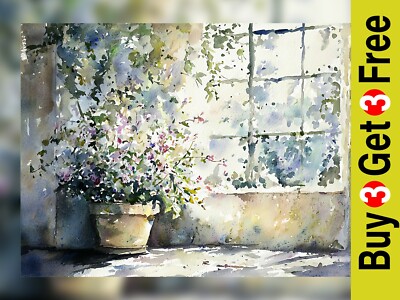 Sunlit Garden Corner 5''x7'' Druck auf mattem Papier | Gelassene Aquarellkunst
