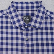 Jos A Bank Travel Tech Shirt Mens XL Tailored Fit Blue Plaid Button Long Sleeve
