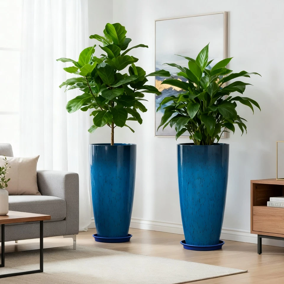 2件套大号21英寸高花盆带排水孔适用于前门廊和花园装饰 — 第 2/4 张图片