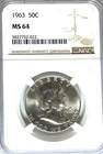 1963 50c Franklin Silver Half Dollar NGC MS64 Philadelphia BU