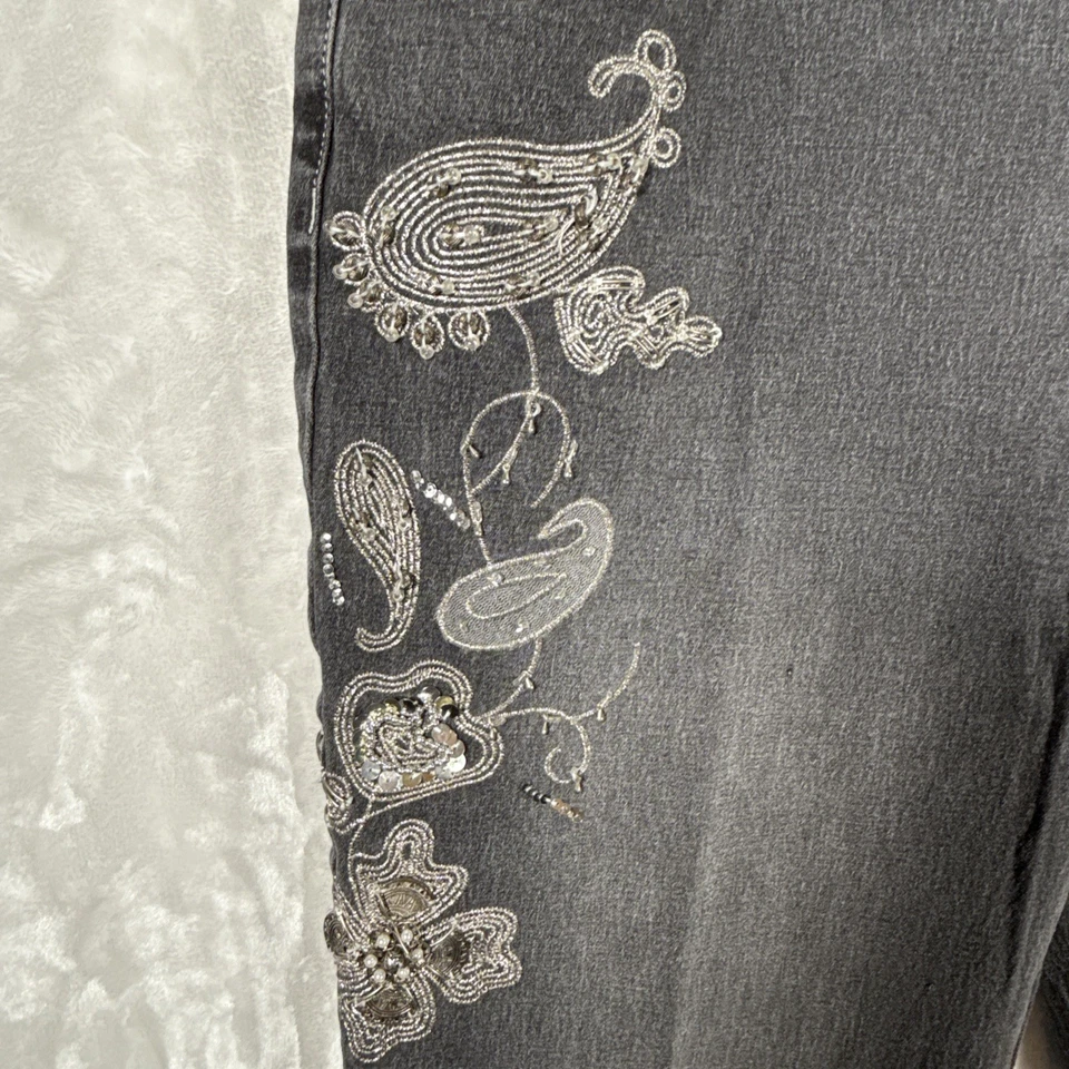 Jeans feminino DG2 Diane Gilman preto/cinza tamanho 16T elástico perna de miçangas paisley completa - Imagem 2 de 4