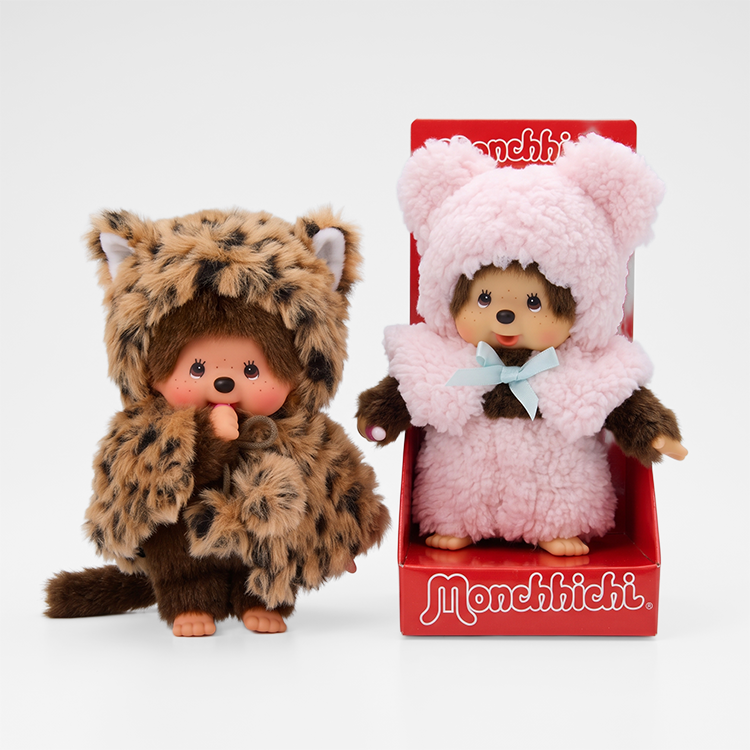 Monchhichi Girl Leopard Hood & Boy Pink Bear Cape Plush Set