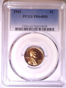 1941 PCGS PR64RD Proof Lincoln Wheat Cent - Faded Blue Holder - 15,287 mintage