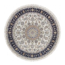 7'5"x7'5" Ivory Wool and Silk Nain Flower Design Hand Knotted Round Rug 92027