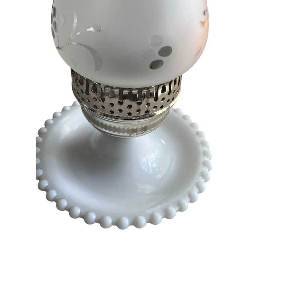 Fenton Electric Hurricane Lamp Milk Glass Etched Frosted Shade Mid Century - Image 2 of 4