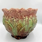 Antique Weller Pottery Majolica Jardinière Pot | Green Brown Pink | 8” H x 9” D