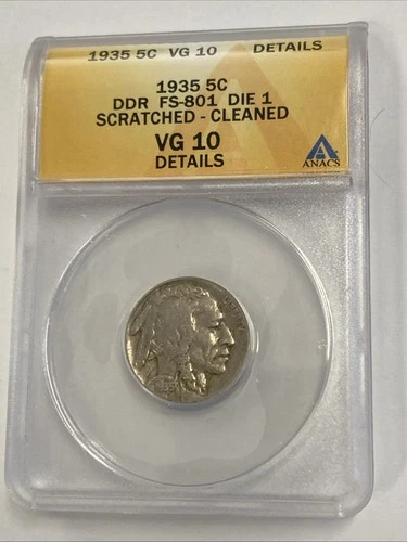 1935 DDR Buffalo Nickel grade VG 10 details scratched & cleaned by ANACS