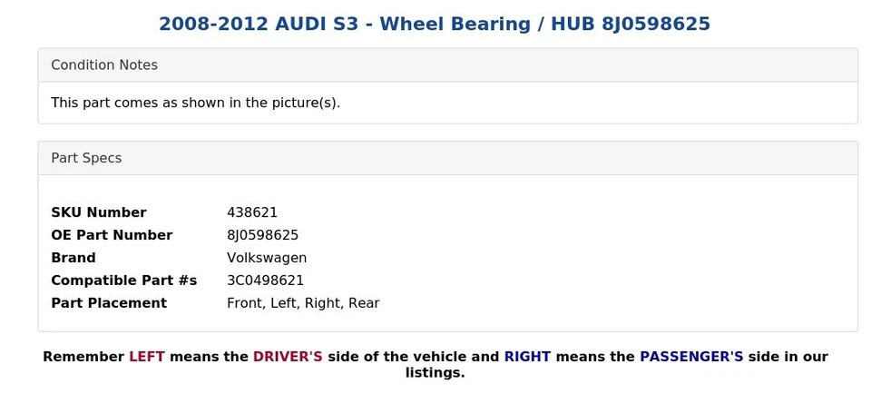 AUDI S3 2008-2012 - Cojinete de rueda / cubo 8J0598625 Foto 4 de 4