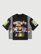Street Life Patchwork Tee 🖤 Retro Graphic Print Casual Oversized Streetwear