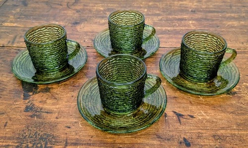 Vintage Anchor Hocking Soreno Avocado Green Glass Cups & Saucers Set of 4