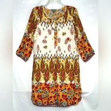 Figueroa & Flower Yellow Pink Floral Paisley Shirt Dress Bohemian Sz L