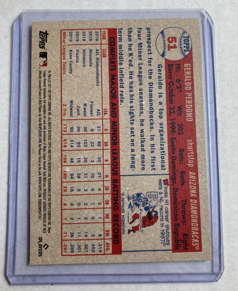 2021 Topps Archives #51- GERALDO PERDOMO Rookie RC Card. - Image 2 of 2