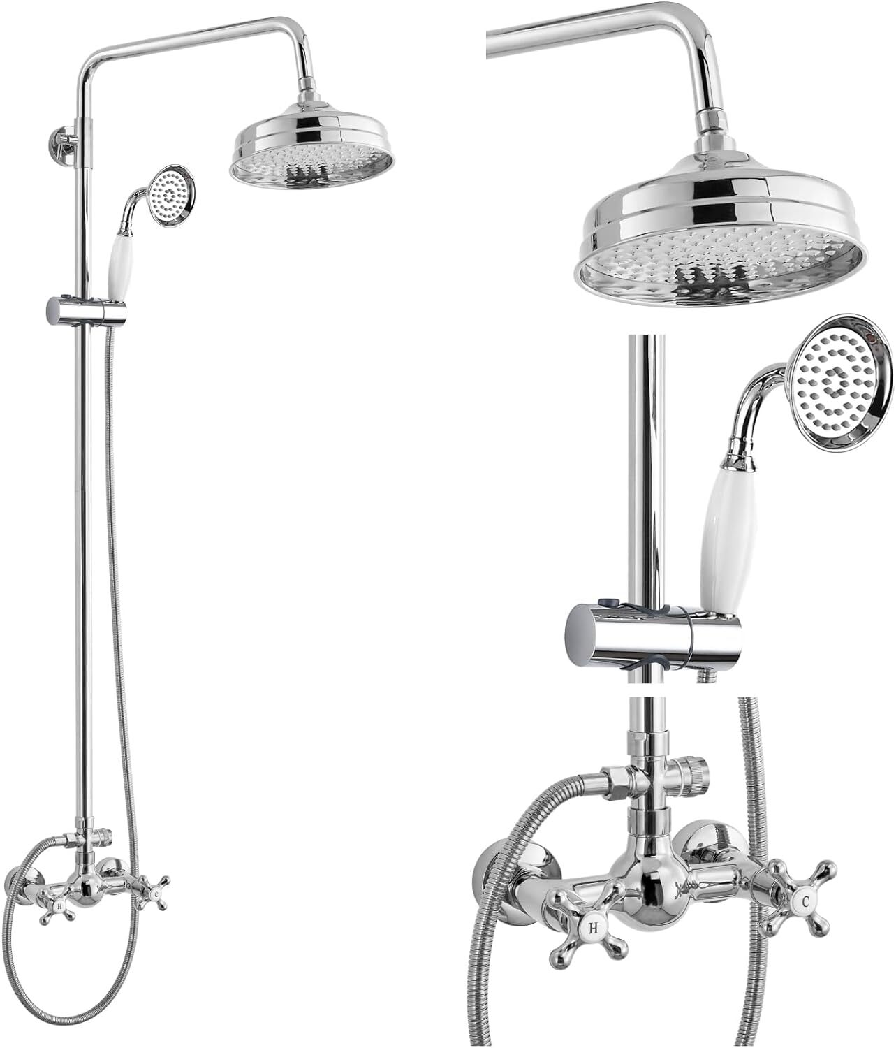 Polish Chrome Exposed Bathroom Shower Faucet Set 8" Head Rainfall