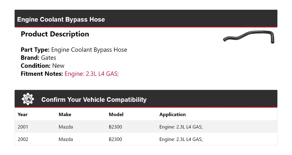 Puertas de manguera de derivación de refrigerante de motor de gas de 2,3 L L4 para Mazda B2300 2001-2002 Foto 2 de 4