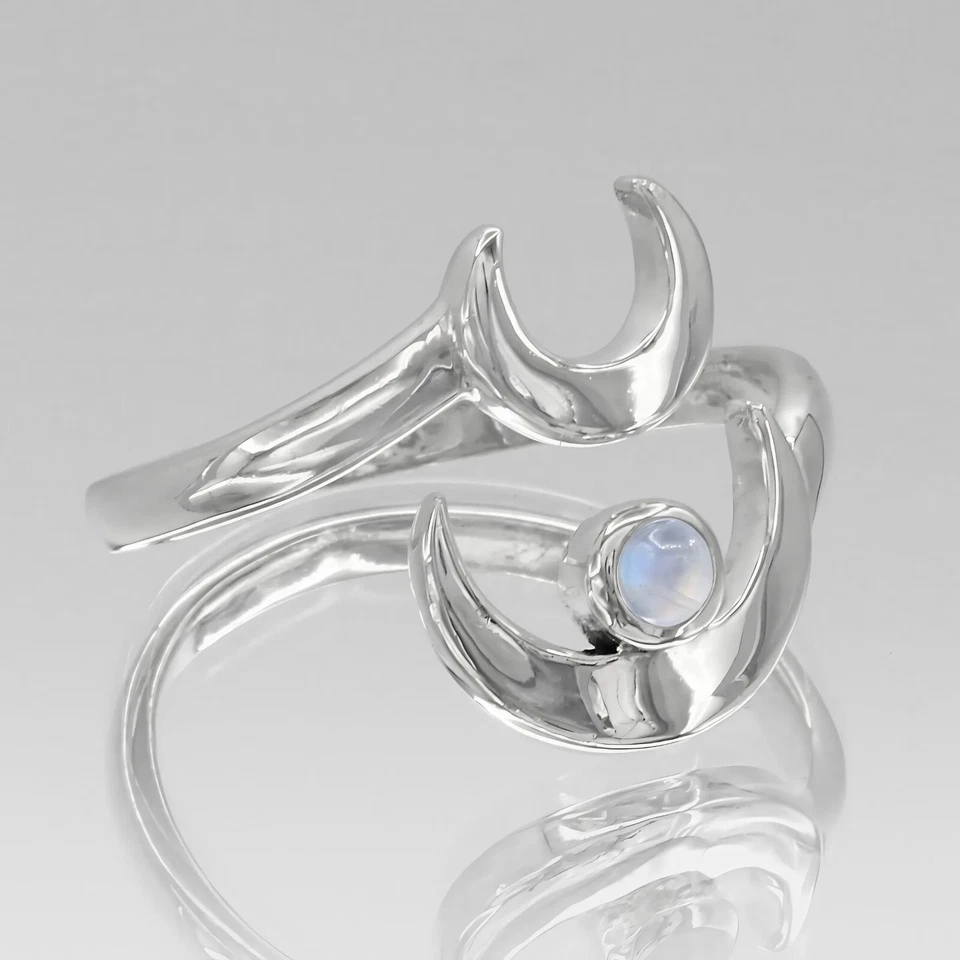 Ювелирные изделия ведьмы - лунное кольцо из чистого серебра с радужным лунным камнем (размер 4-15) - Изображение 2 из 4