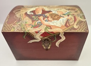 Vintage Unique Red Hand Painted Wooden Dome Top Chest Angel Cherubs Hearts SALE!